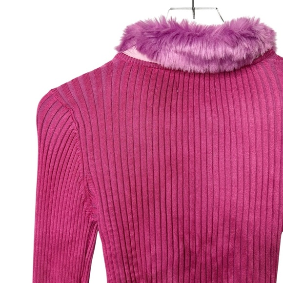 Urban Outfitters Pink Cropped 90s Ribbed Women’s Cardigan Fuzzy Collar Sz M - Picture 8 of 12